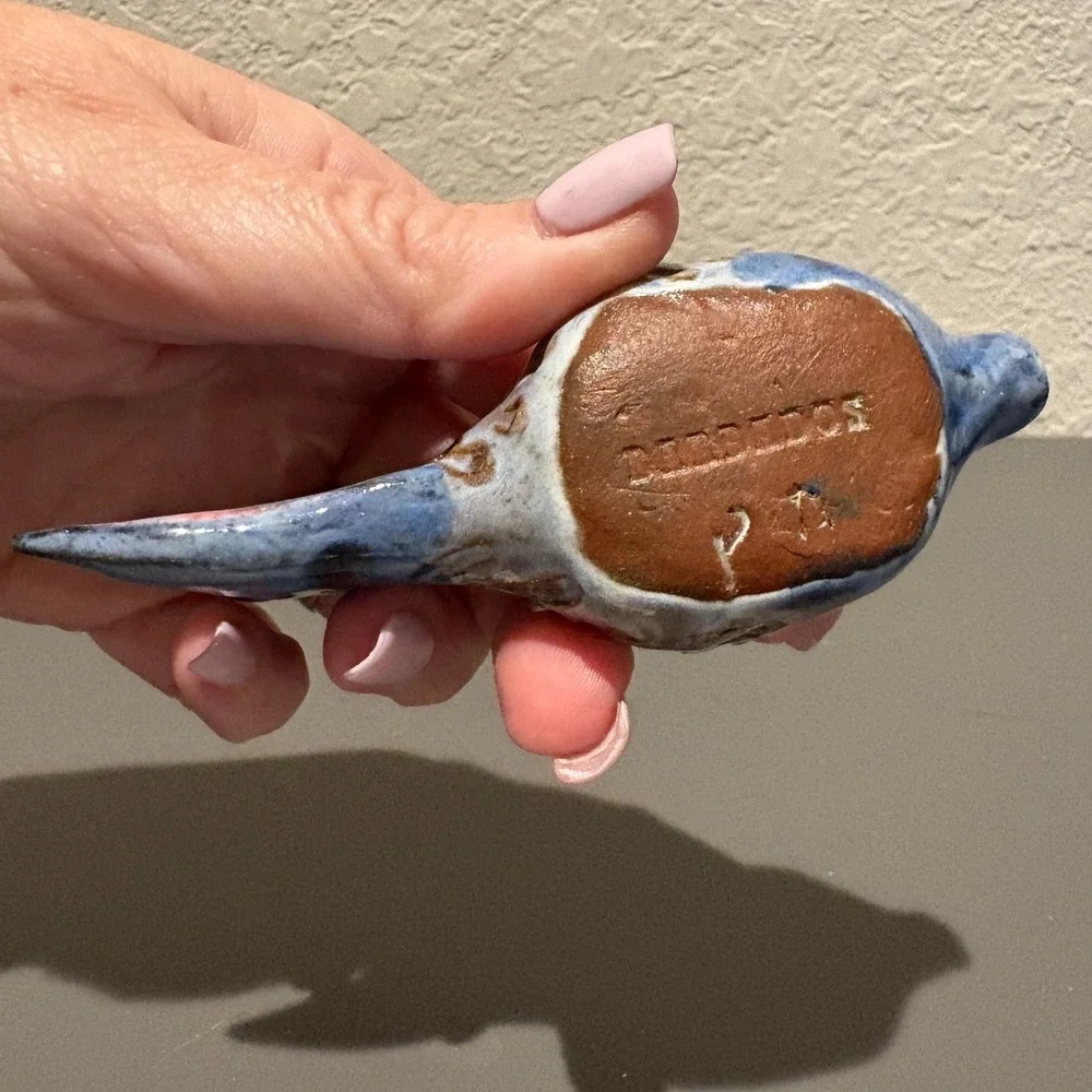 Vtg Barbados Ceramic Puffer Fish Figurine Blue Brown Textured Folk Art
